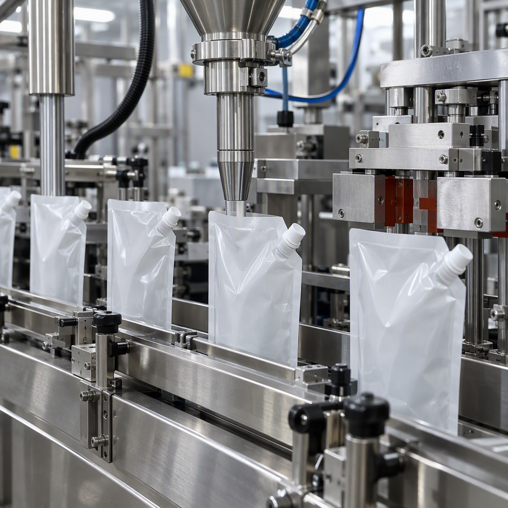 Open-top spout pouch being filled before final heat sealing