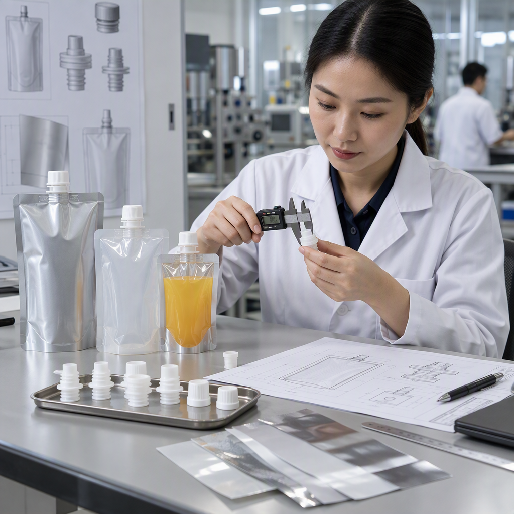 Packaging engineer checking spout and pouch dimensions for filling compatibility