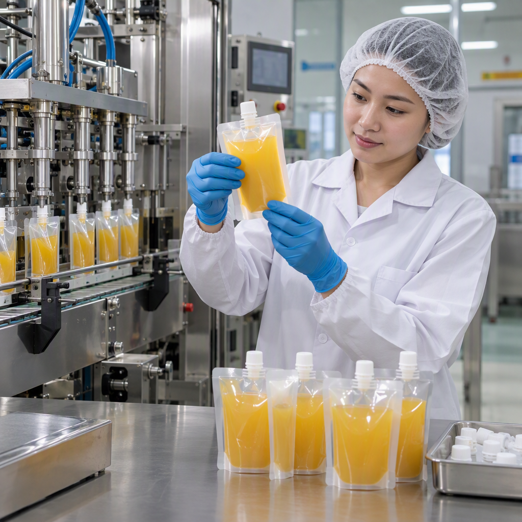Quality technician evaluating spout pouches during a filling line trial