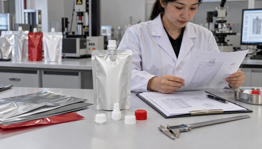 Food spout pouch components and compliance documents under review