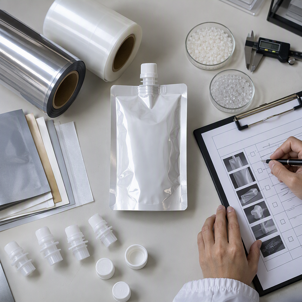 Spout pouch components organized with a food-contact document checklist
