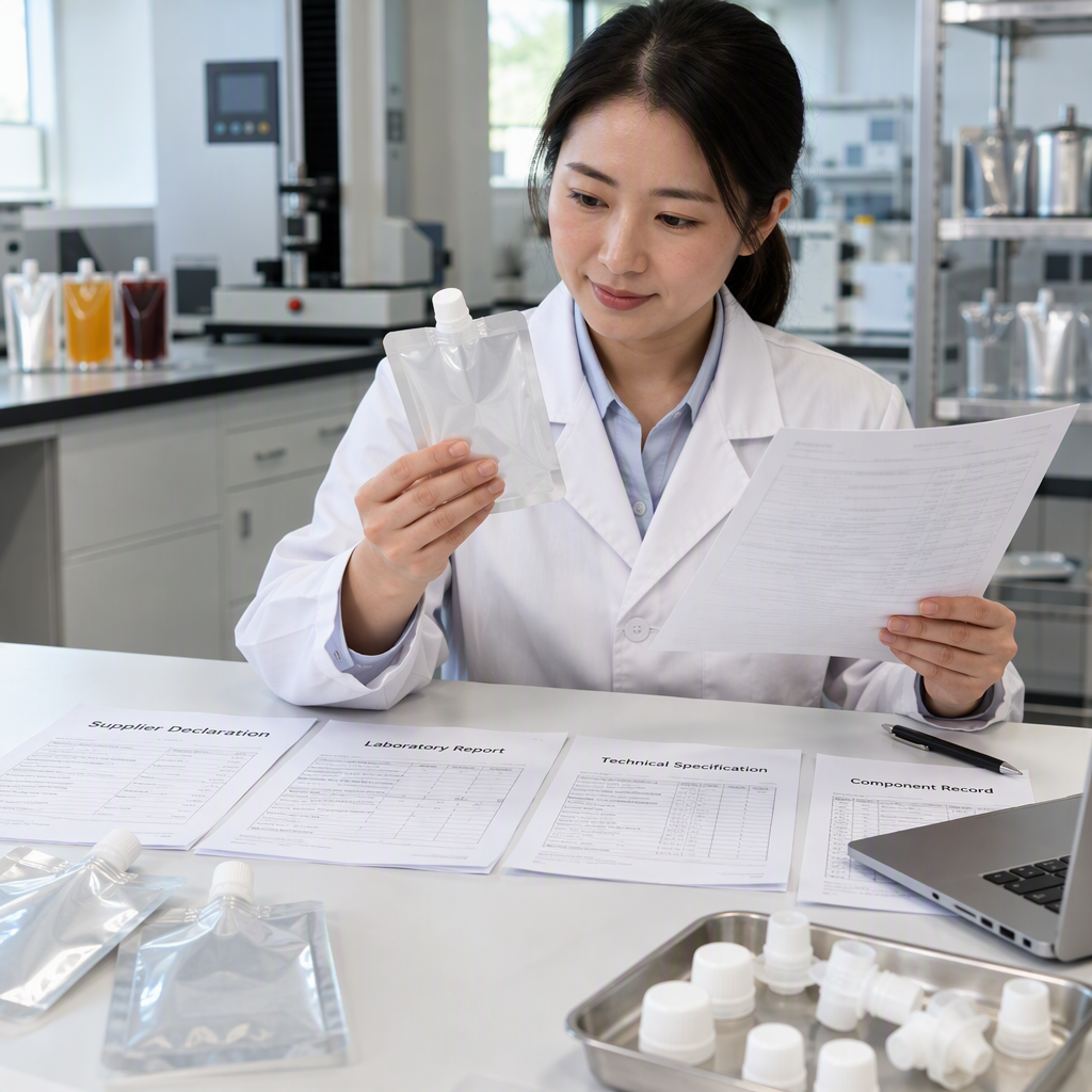 Quality specialist comparing food-contact packaging documents