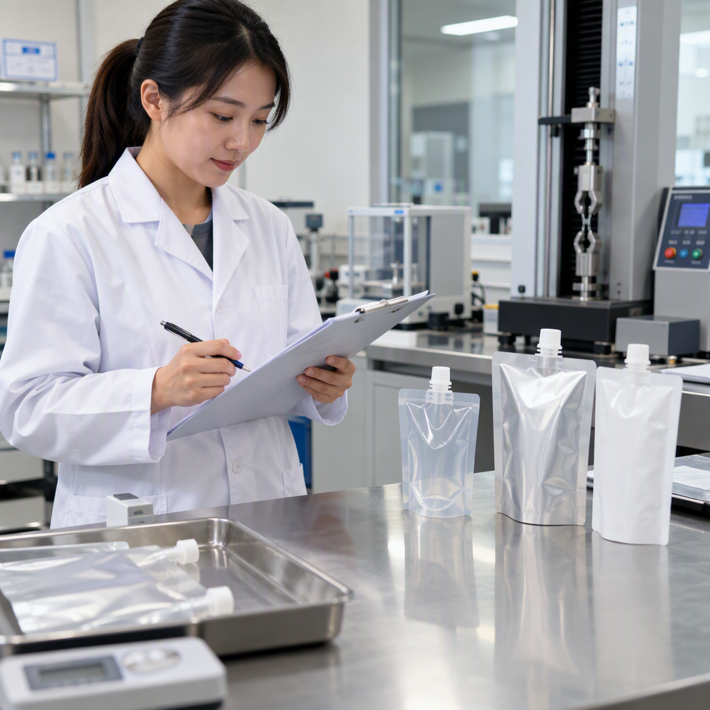 Technician reviewing a test report for spout pouch specimens