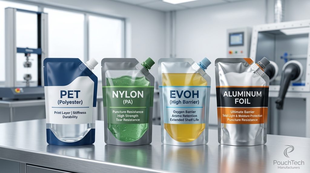 Spout Pouch Material Selection: PET, Nylon, EVOH, and Aluminum