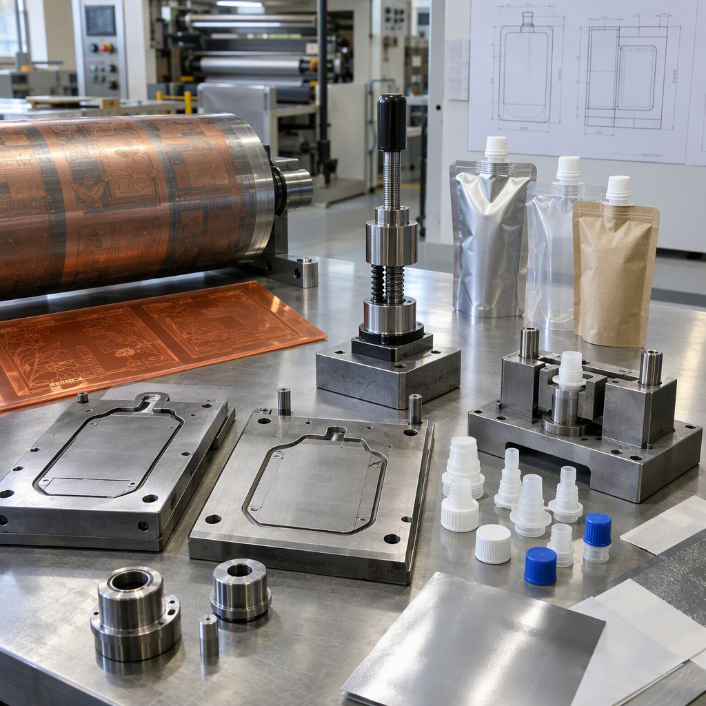 Printing and converting tooling used for custom spout pouch production