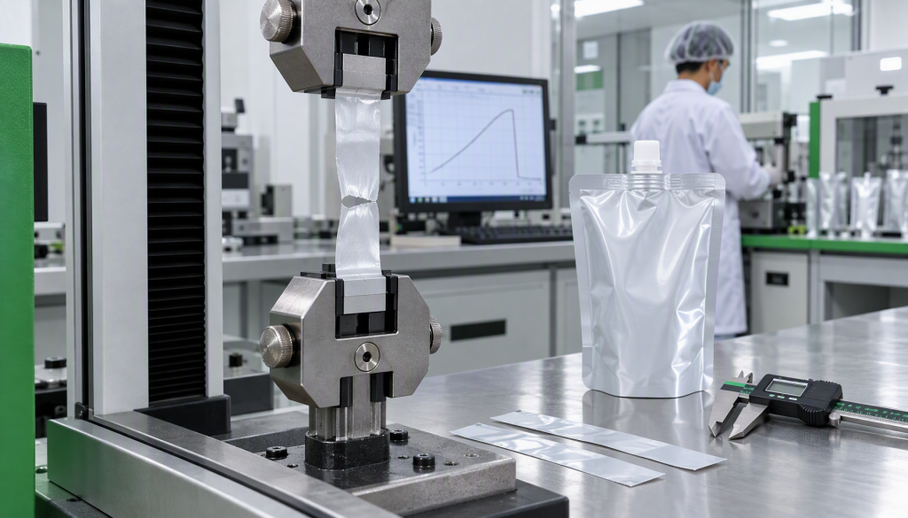 Tensile tester measuring the seal strength of a laminated spout pouch specimen