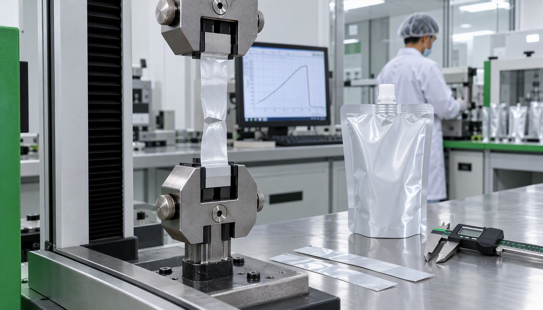Tensile tester measuring the seal strength of a laminated spout pouch specimen