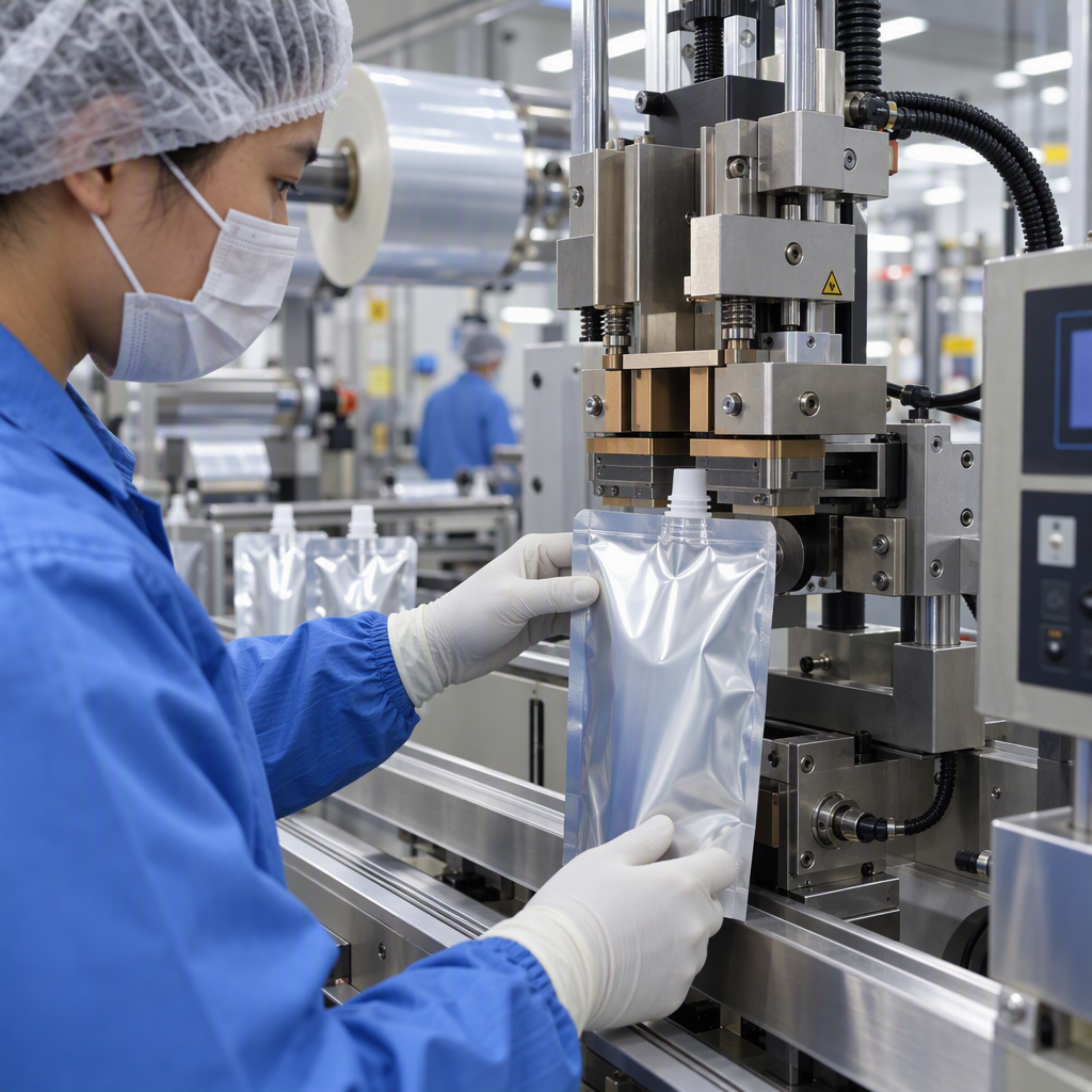 Heat-sealing equipment forming the spout-to-film seal on a pouch