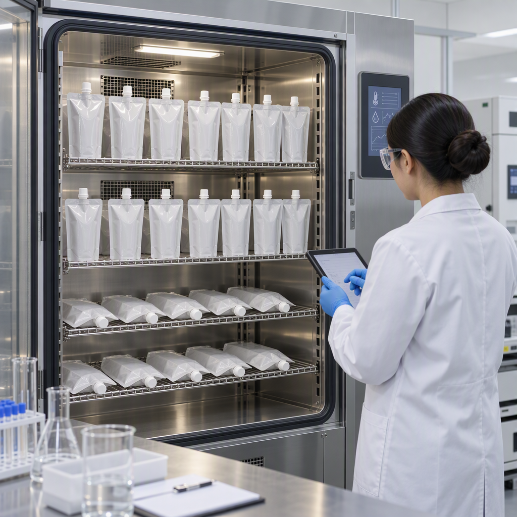Filled spout pouches undergoing controlled shelf-life testing