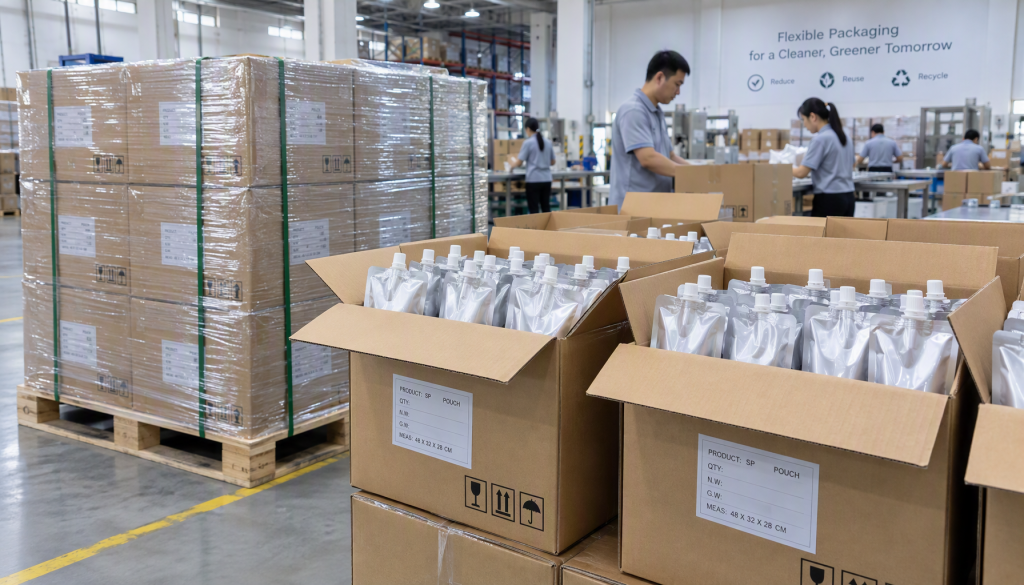 Cartons of spout pouches arranged on a pallet for export shipping