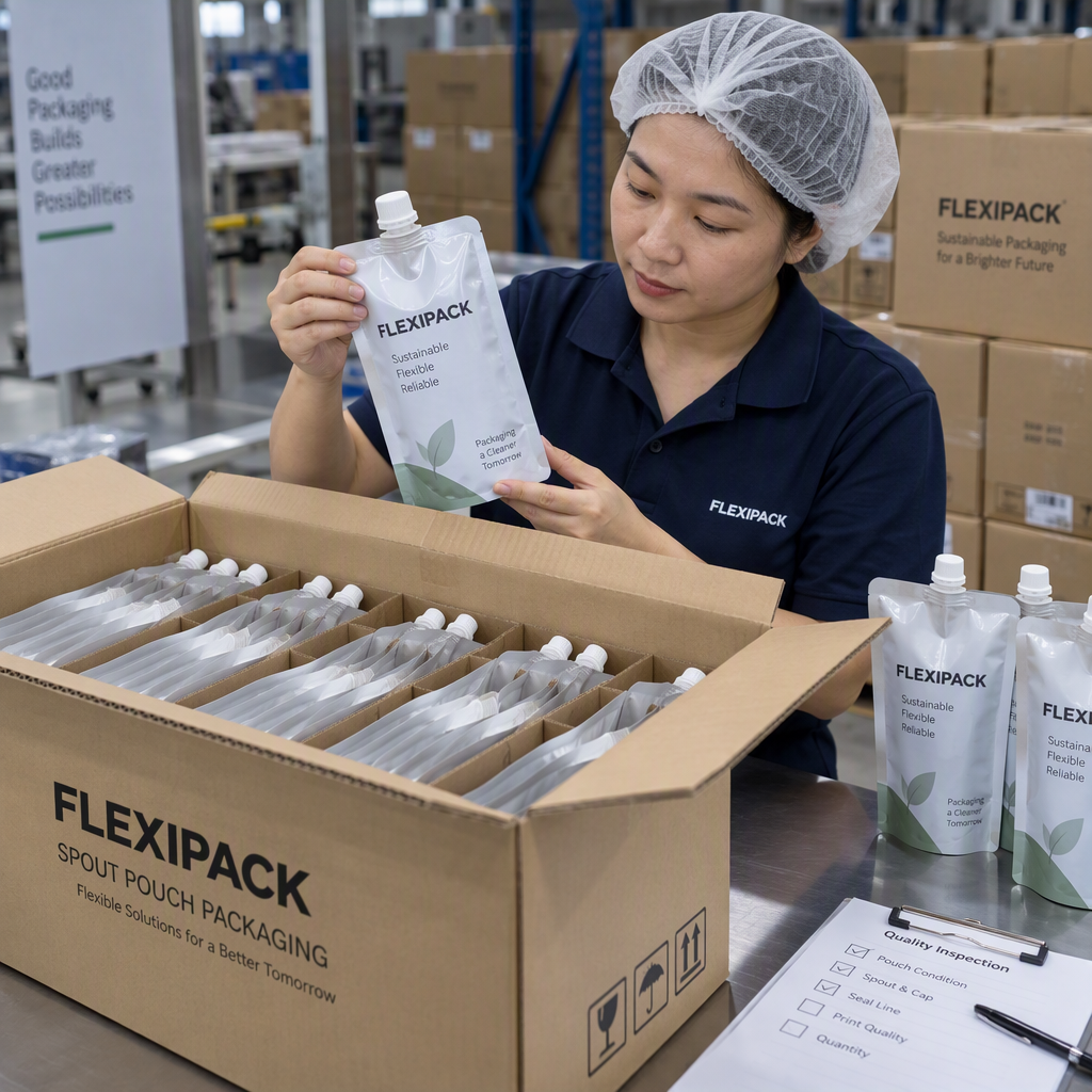 Spout pouches aligned inside a carton with fitment protection