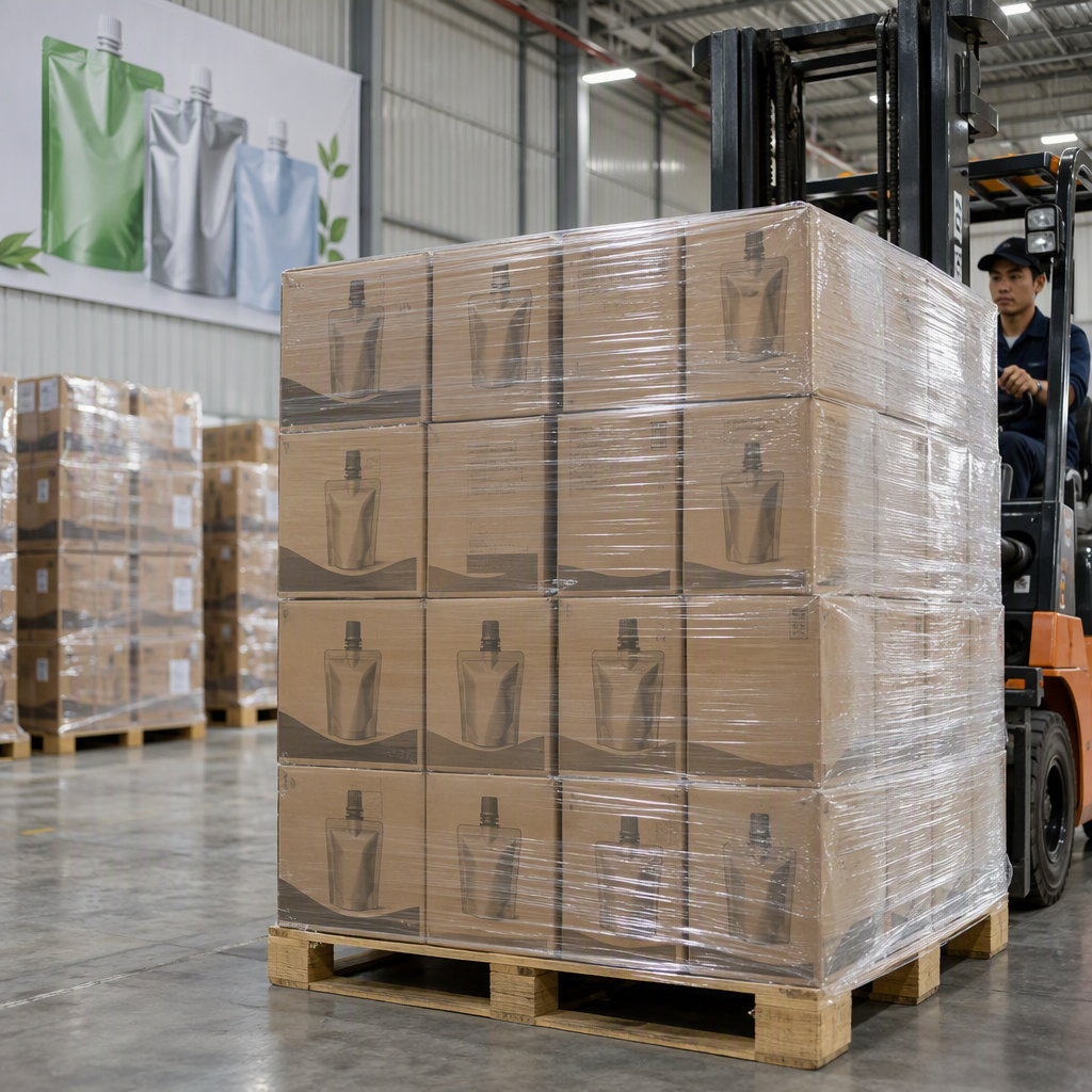 Export cartons of spout pouches stacked and wrapped on a pallet