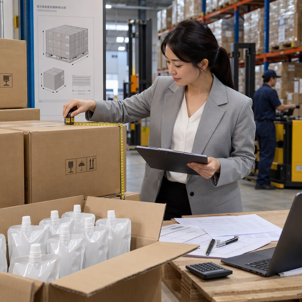 Buyer reviewing carton dimensions and freight details for spout pouches