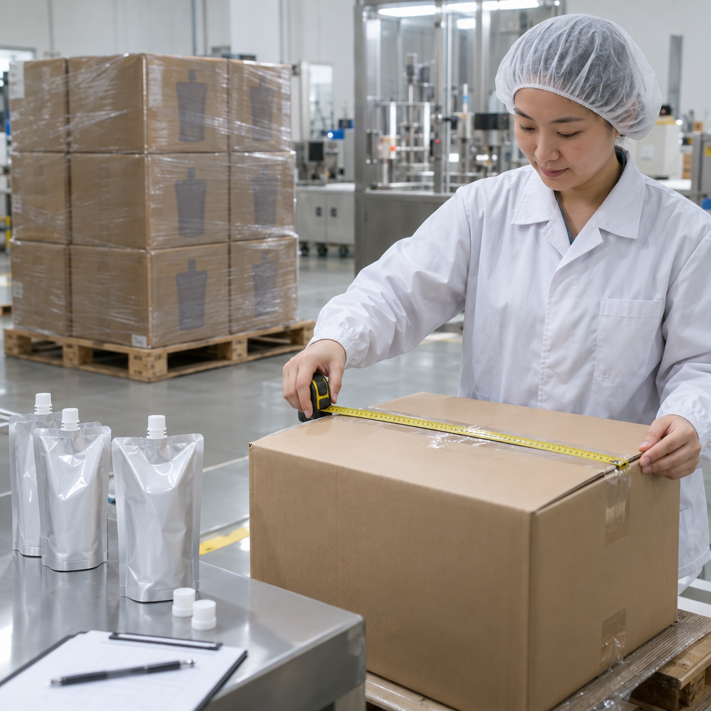 Technician measuring a carton prepared for spout pouch shipment