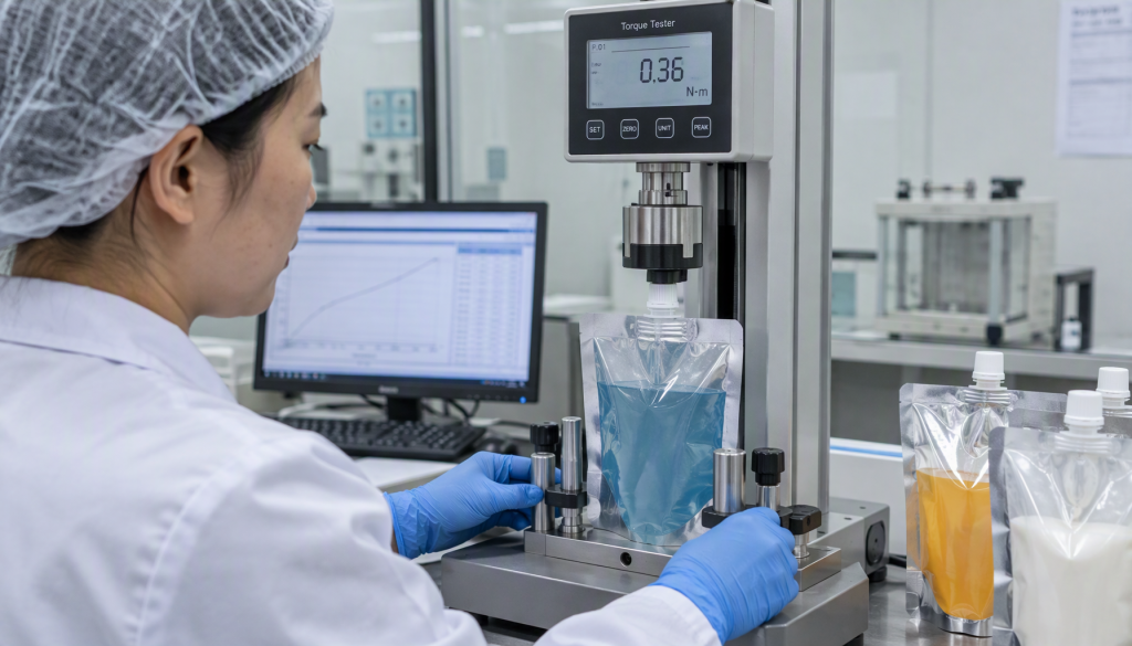 Technician performing spout pouch torque testing with a digital torque analyzer