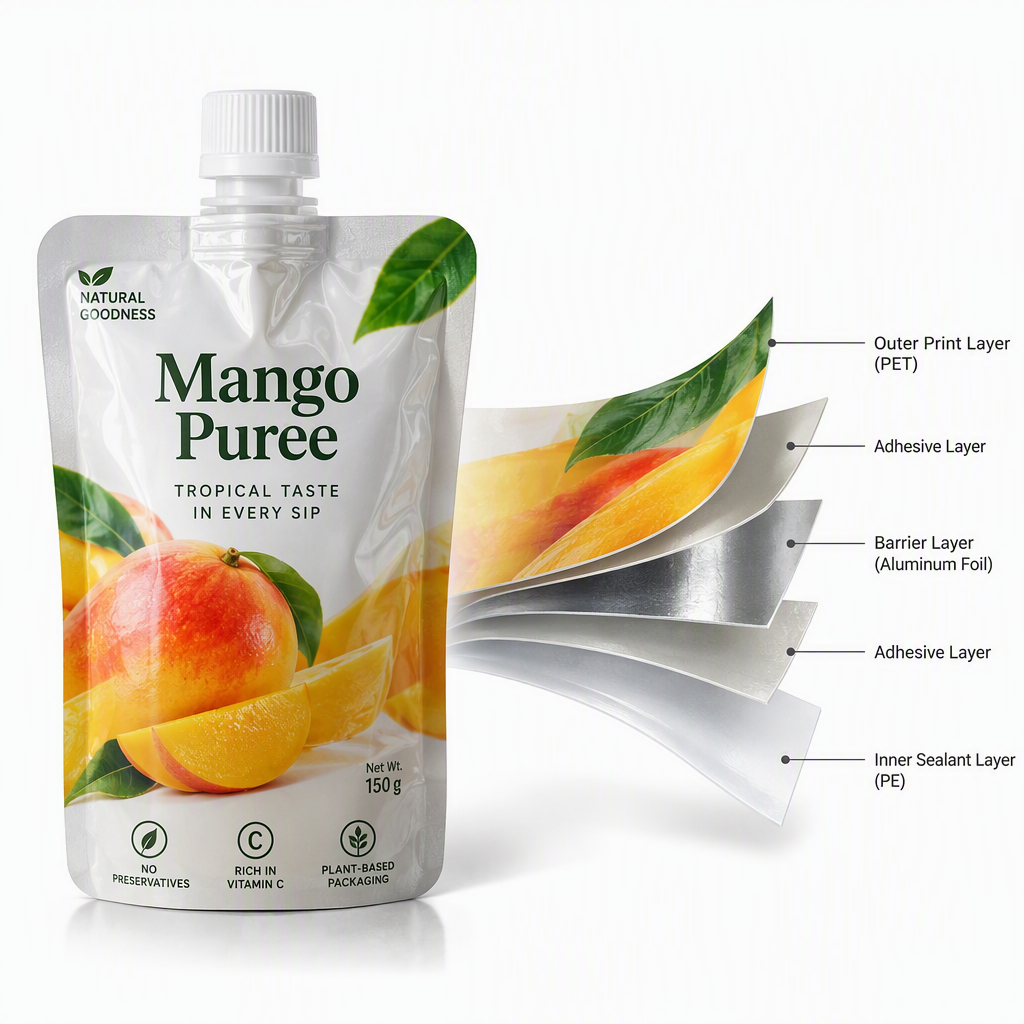 Cutaway view of laminated barrier film for a beverage spout pouch