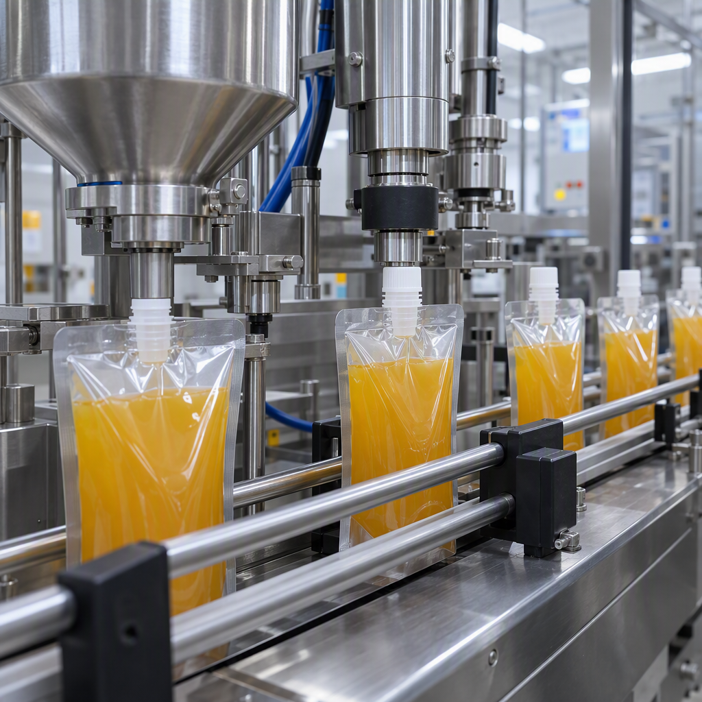 Beverage spout pouches on a filling and capping line