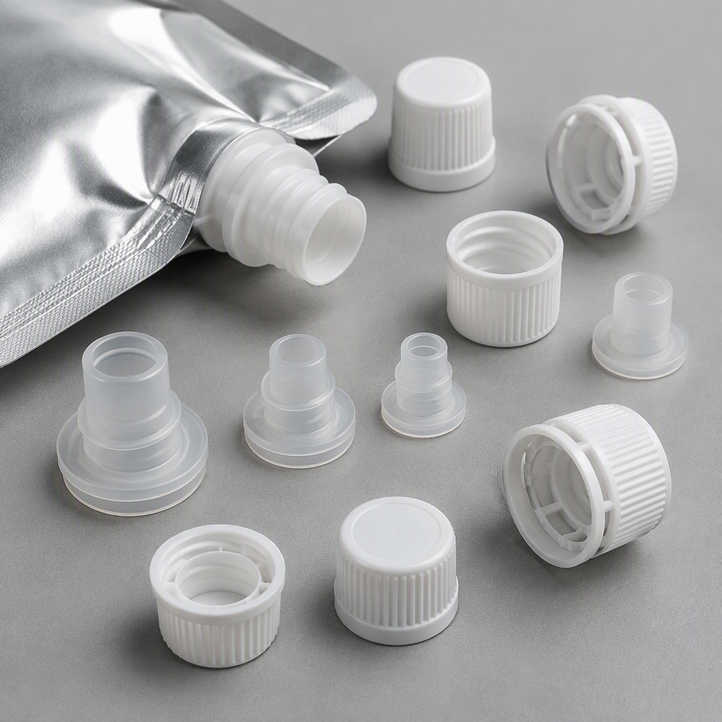 Spout fitments and caps used with wine and beverage pouches
