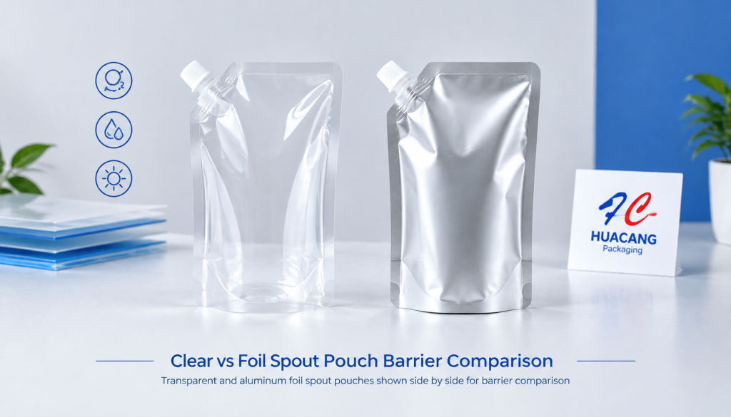Transparent and aluminum foil spout pouches shown side by side for barrier comparison