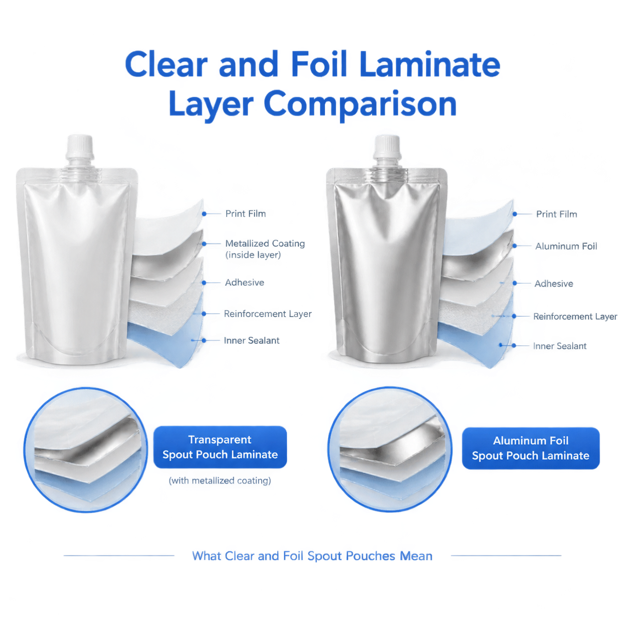 Cross-section diagram of transparent and aluminum foil spout pouch laminate layers