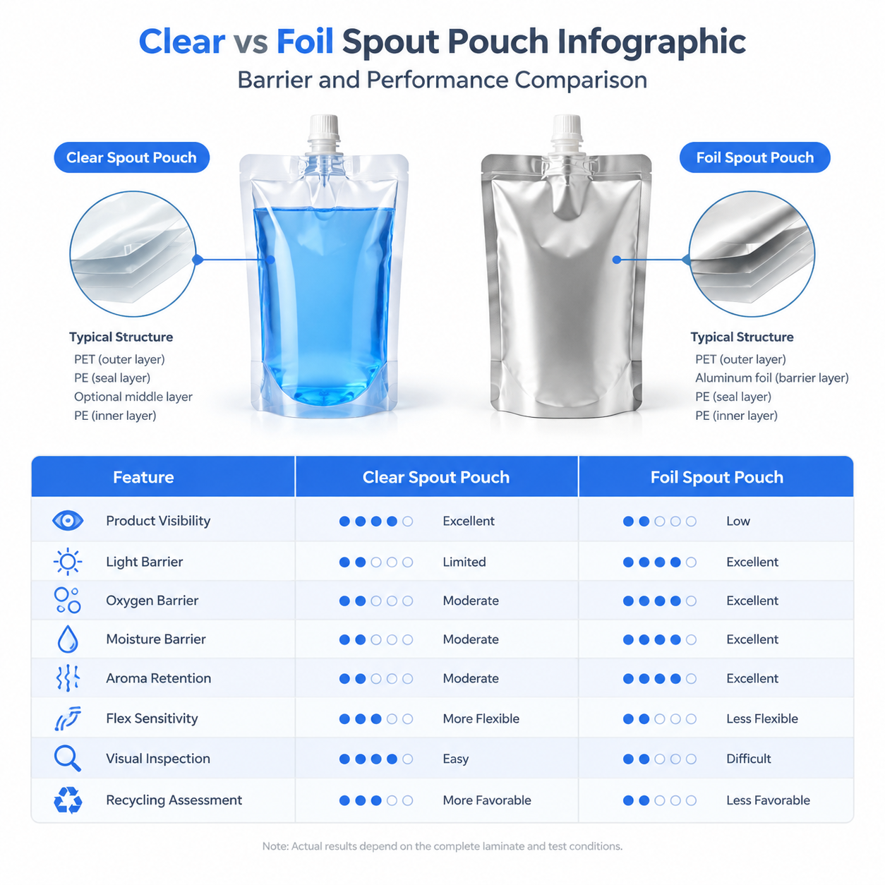 Infographic comparing visibility and barrier properties of clear and foil spout pouches
