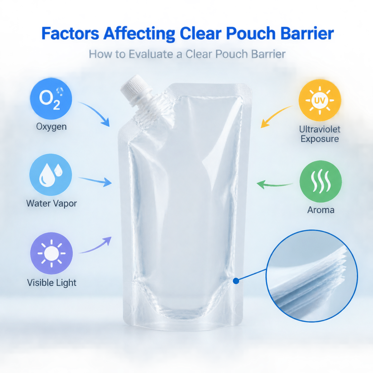 Transparent spout pouch with oxygen, moisture, light, and aroma exposure factors