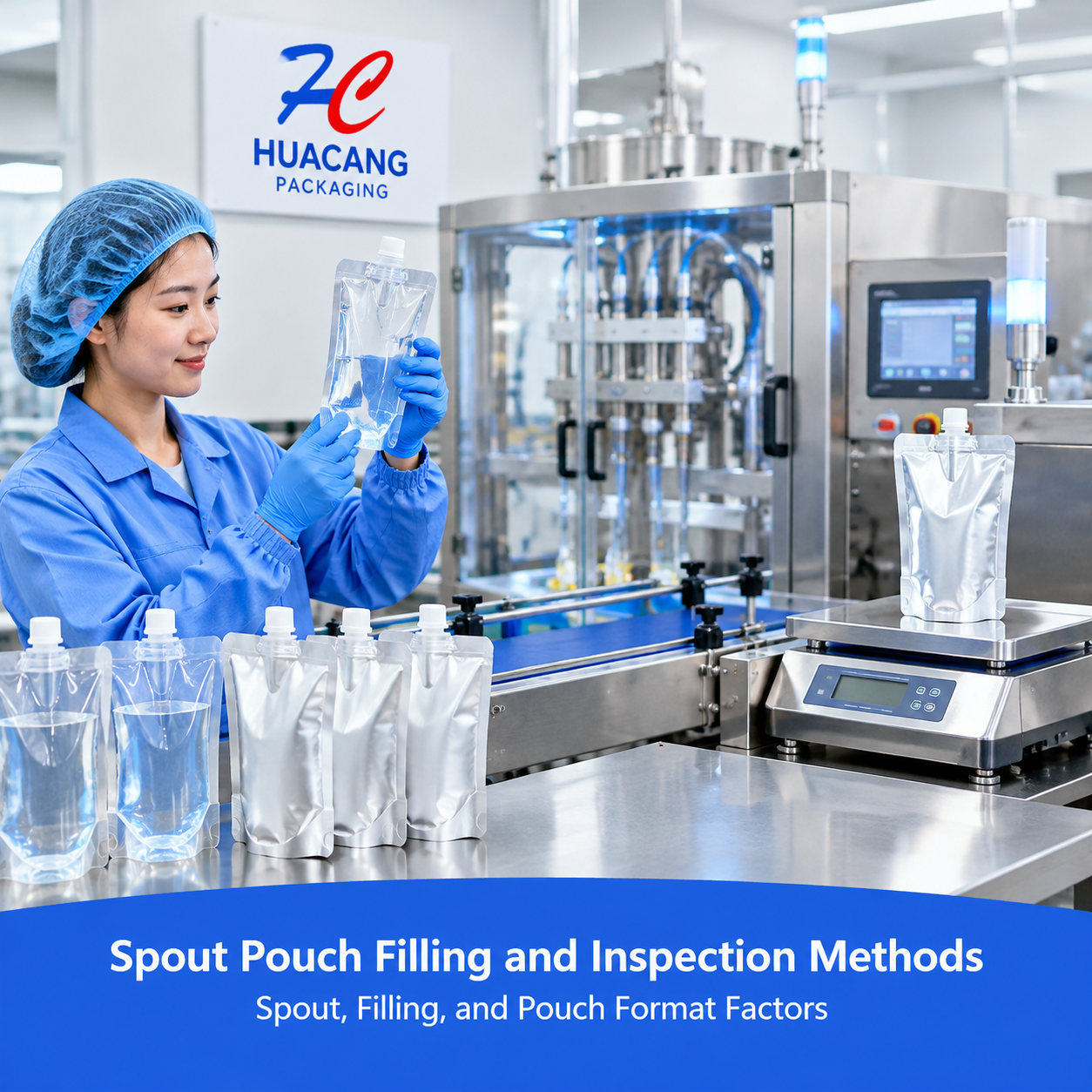 Clear and foil spout pouches undergoing filling and inspection checks