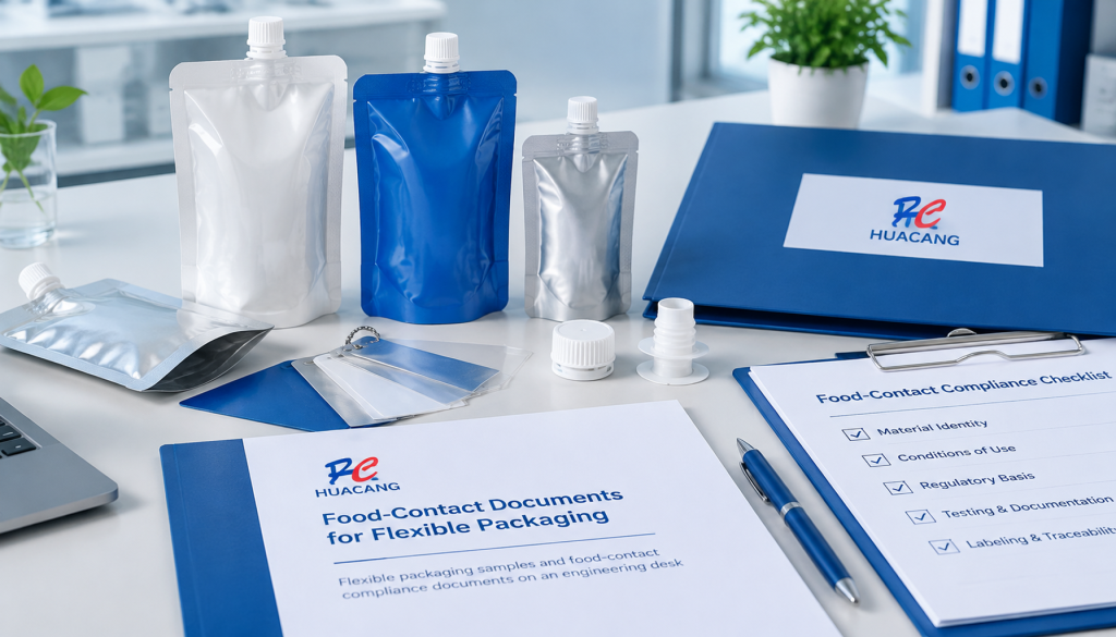 Flexible packaging samples and food-contact compliance documents on an engineering desk