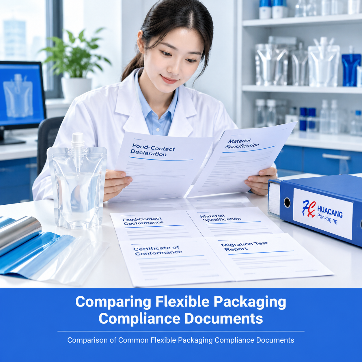 Compliance specialist comparing documents for a flexible spout pouch