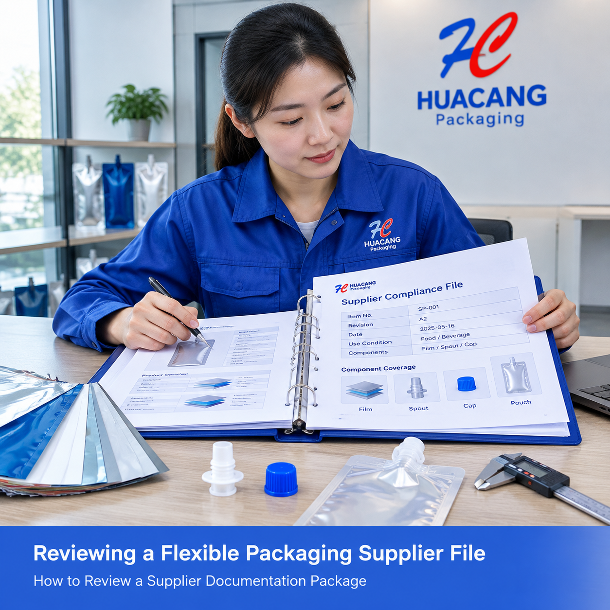 Packaging engineer reviewing a supplier compliance file and pouch components