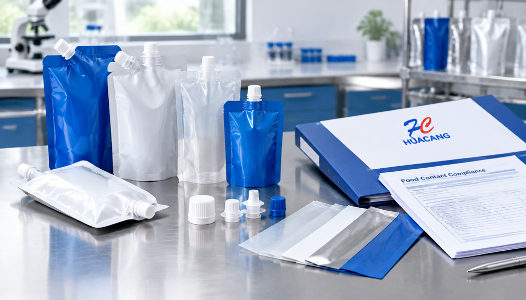 Spout pouches, fitments, material samples, and food-contact compliance documents
