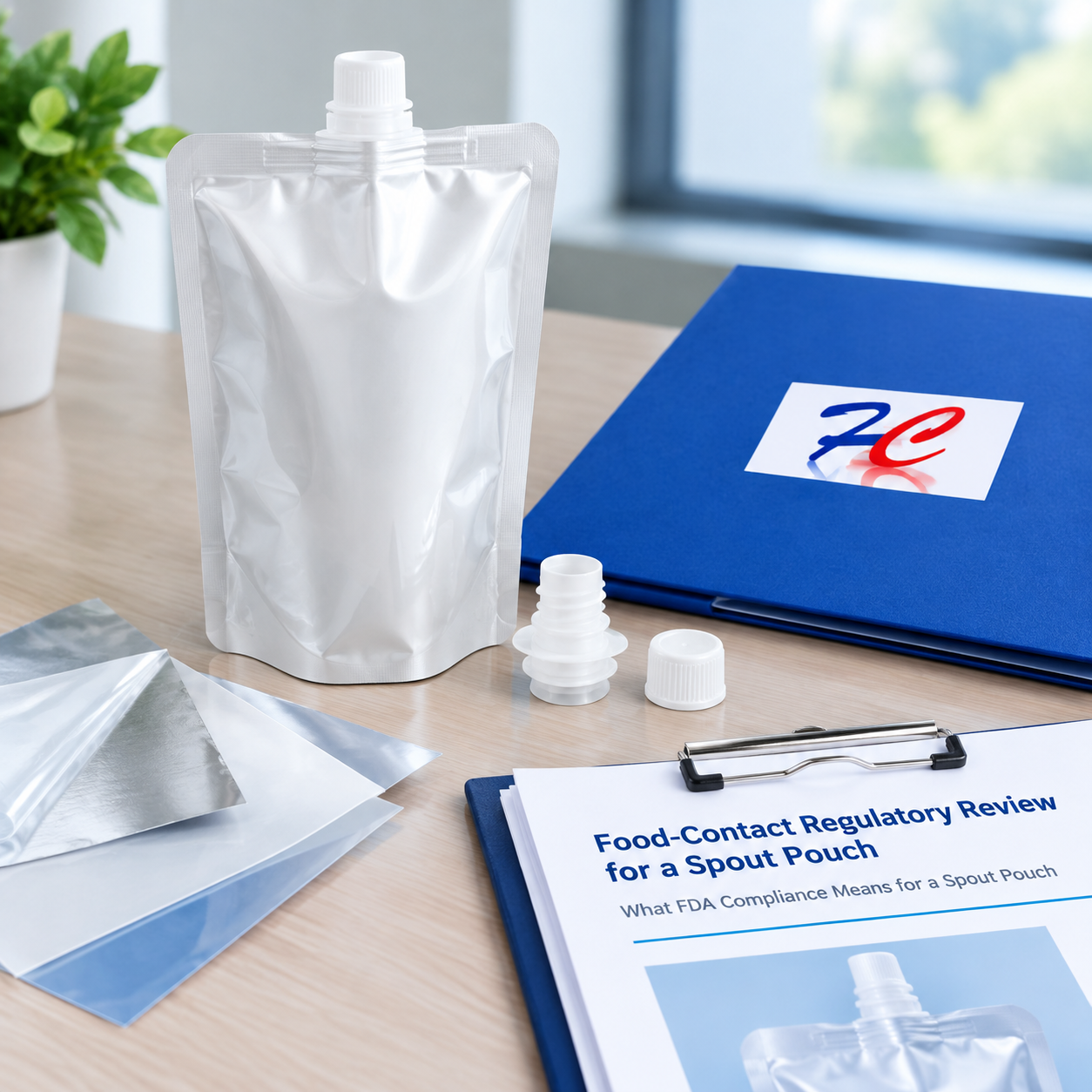 Multilayer spout pouch components arranged for a US food-contact review