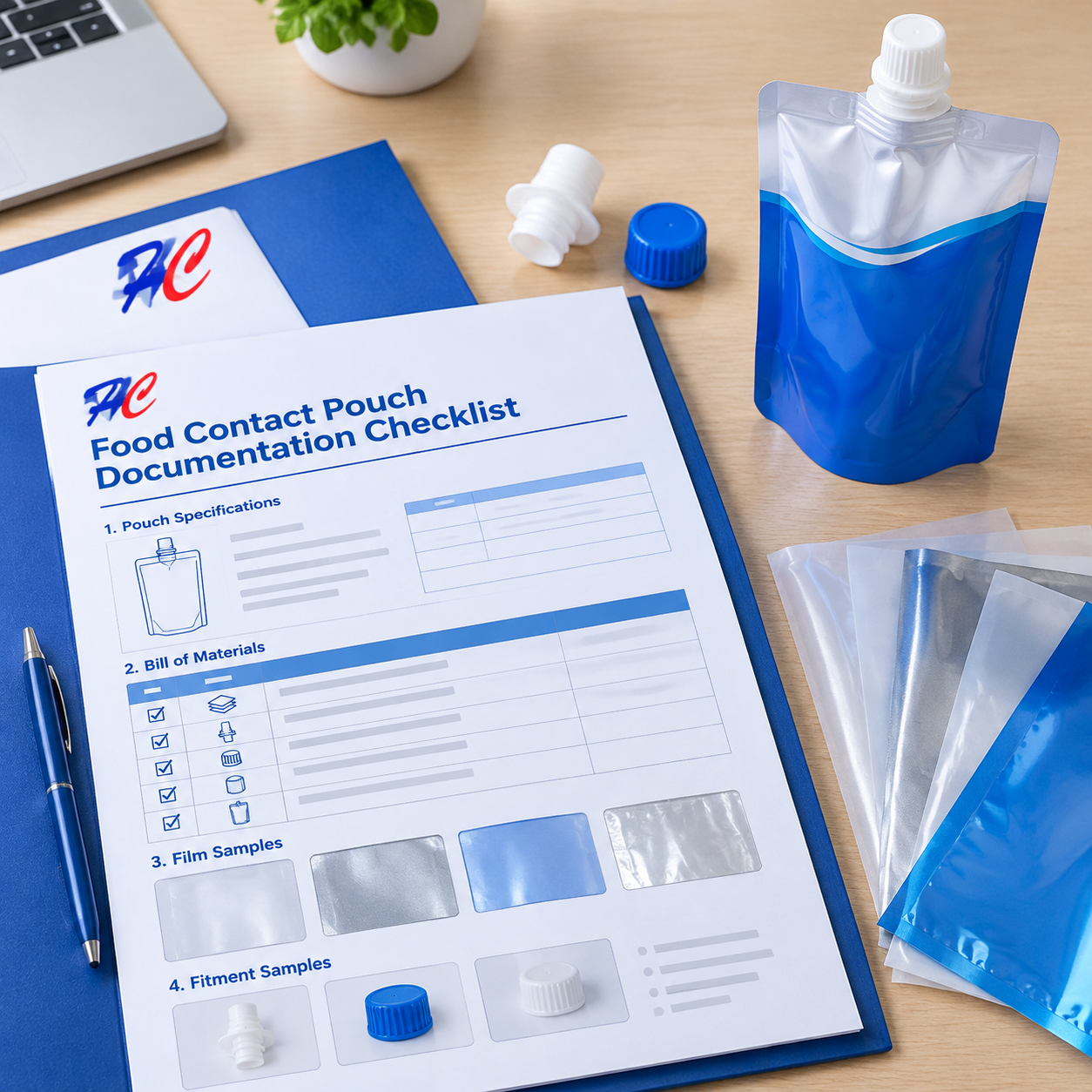 Food-contact pouch documentation checklist with film and fitment samples
