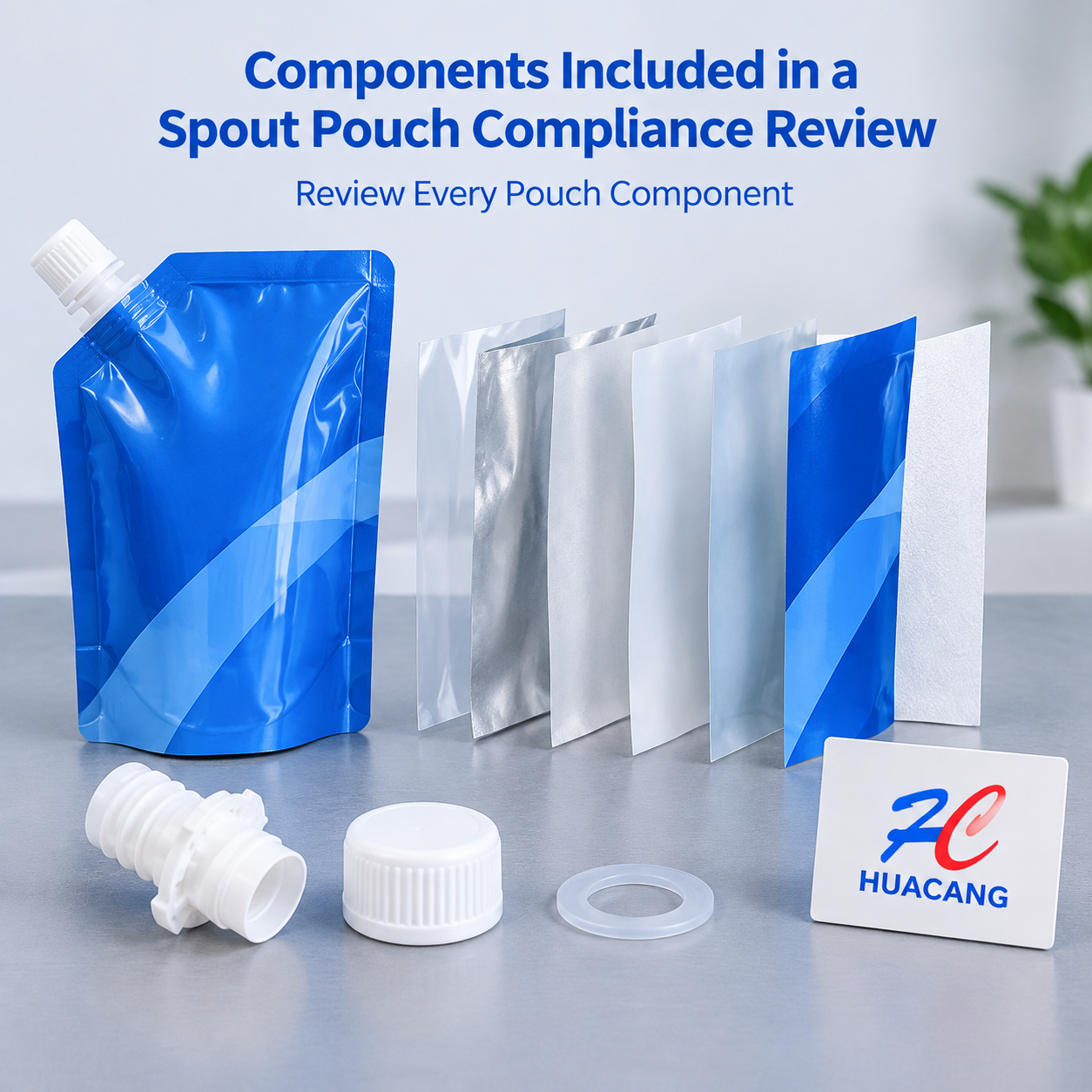 Film layers, spout, cap, and gasket reviewed as separate pouch components