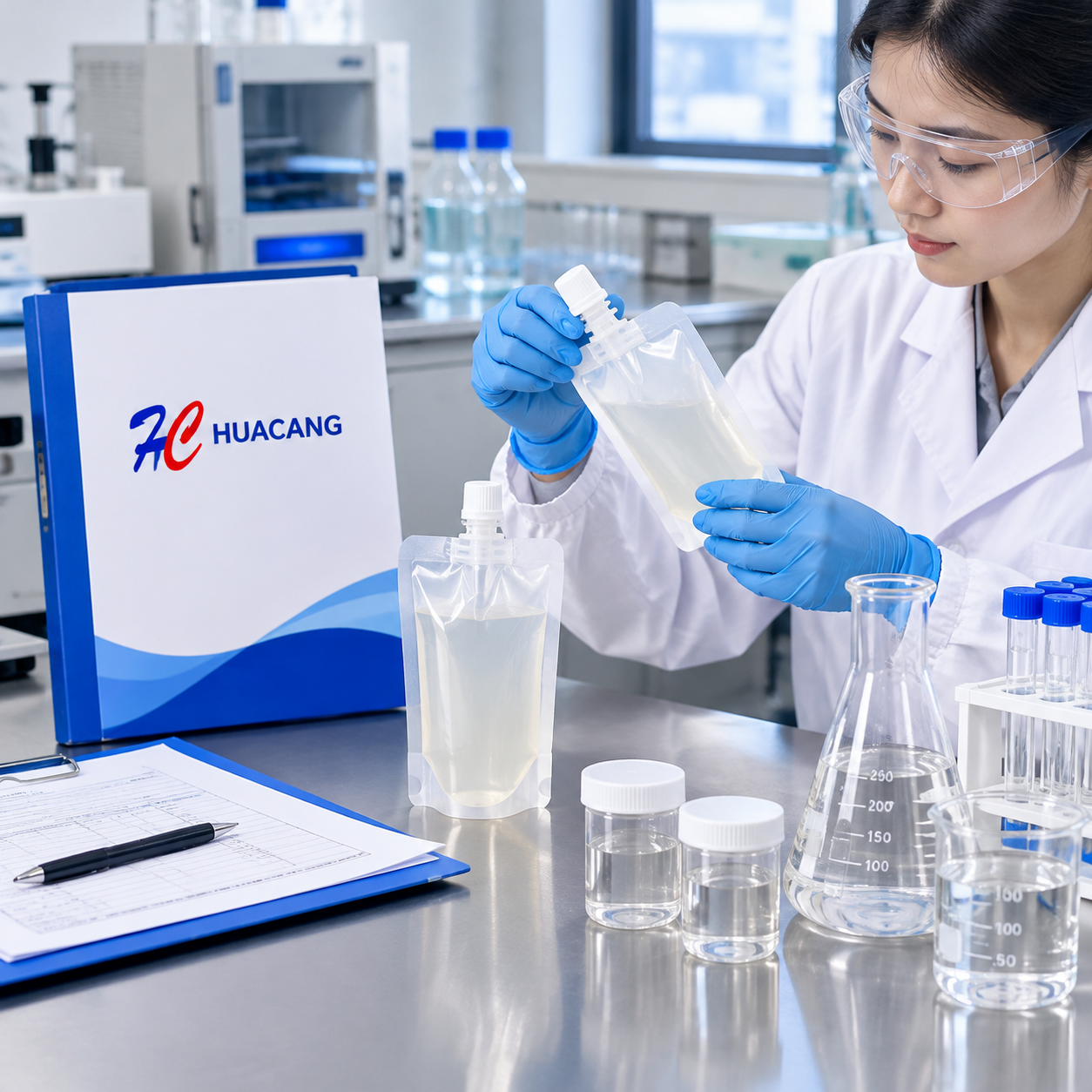 Laboratory setup for migration testing of a food-contact spout pouch
