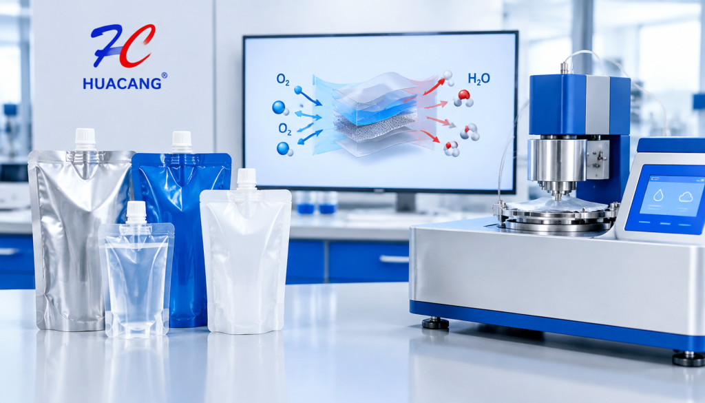 Flexible spout pouches and laboratory equipment illustrating OTR and WVTR barrier testing
