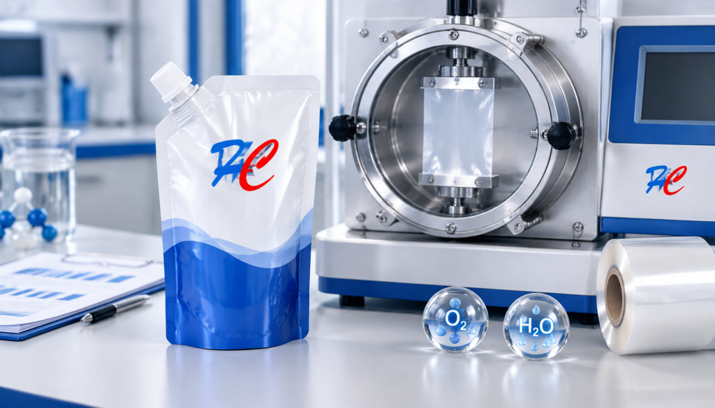 Flexible packaging pouch beside laboratory equipment used to evaluate OTR and WVTR barrier performance