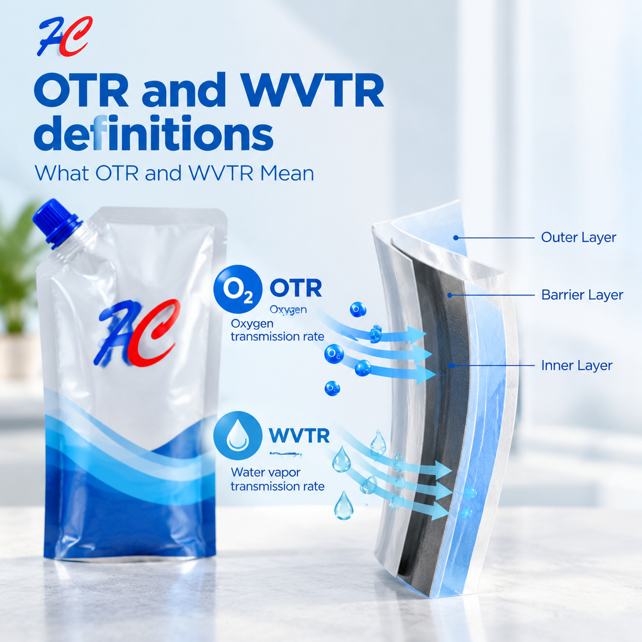 Illustration explaining oxygen transmission rate and water vapor transmission rate through flexible packaging