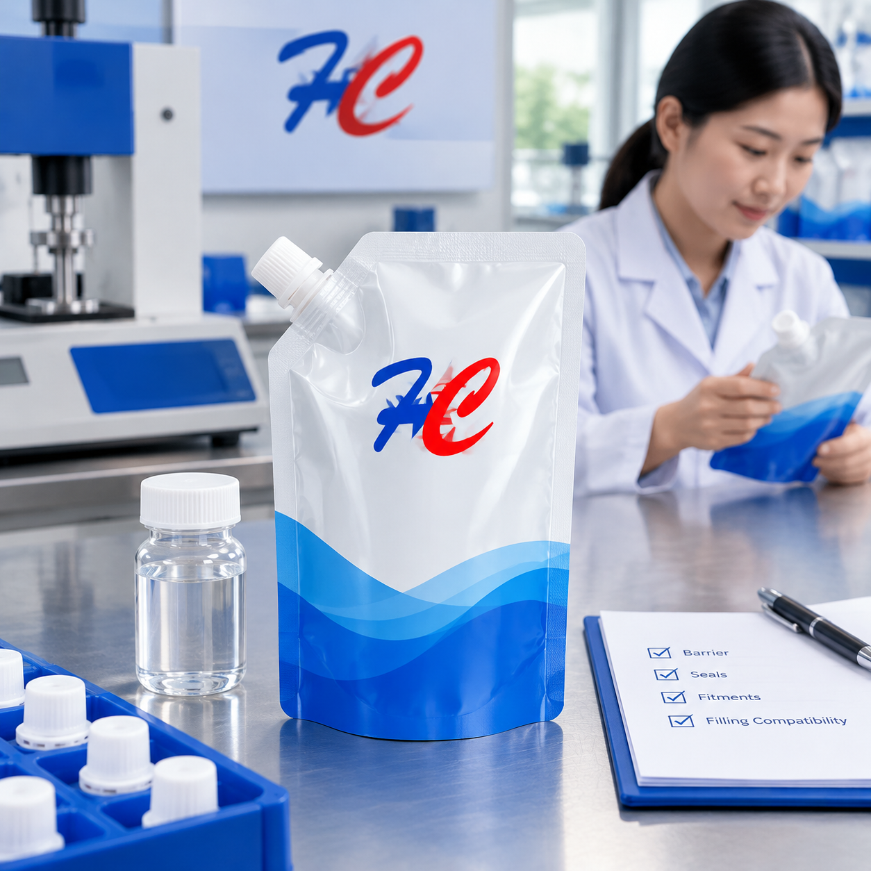 Spout pouch on a packaging engineering workstation for evaluating flexible packaging barrier requirements