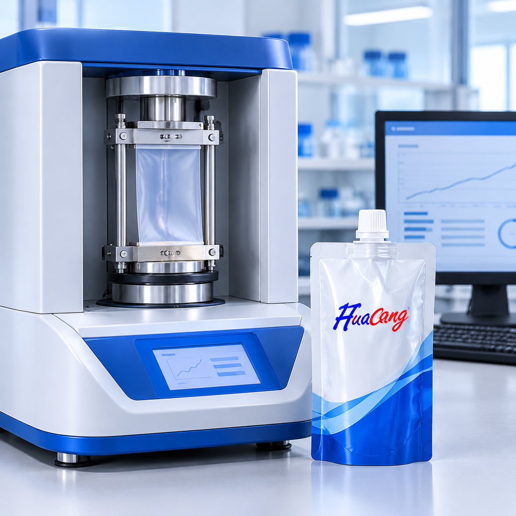 Flexible packaging film specimen in a laboratory transmission testing instrument