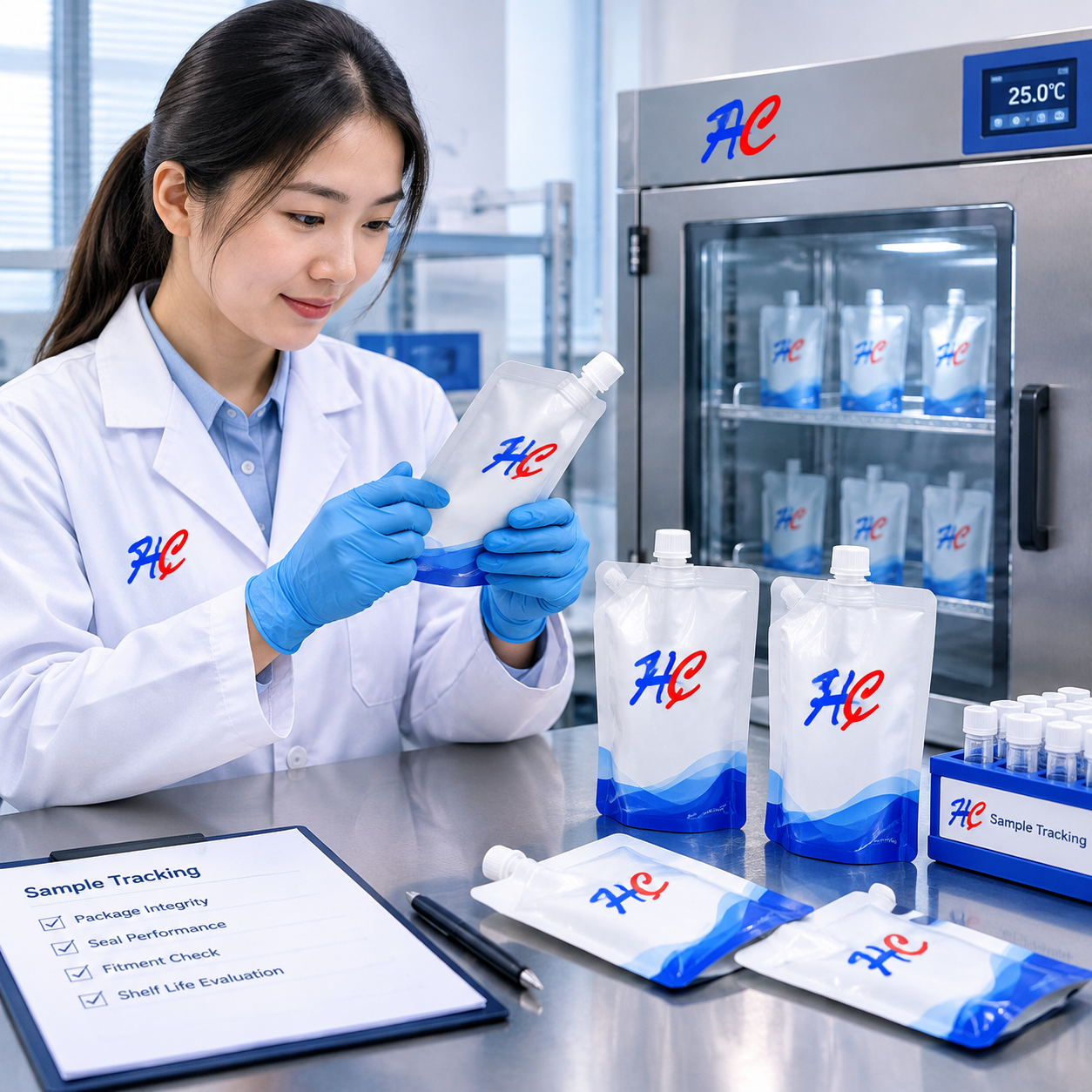 Spout pouch samples being evaluated during flexible packaging shelf-life validation