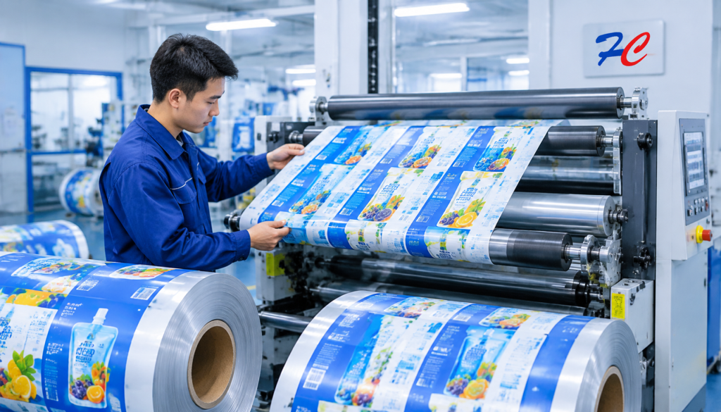 Printed rollstock film being inspected on a flexible packaging converting line