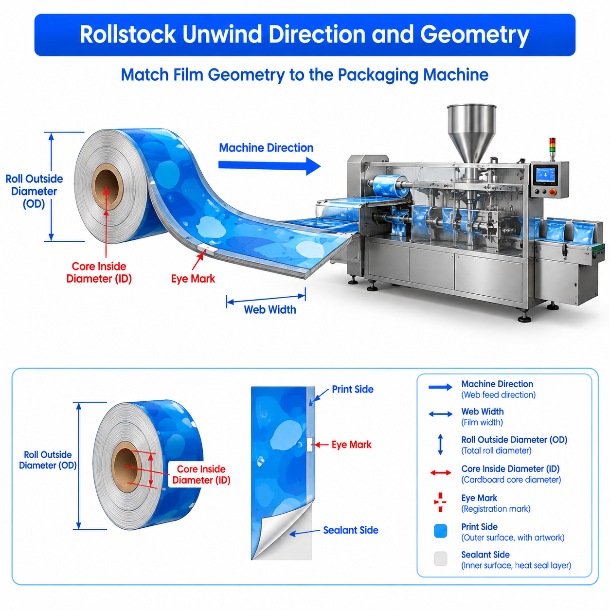 Schematic of rollstock film unwind direction and machine dimensions