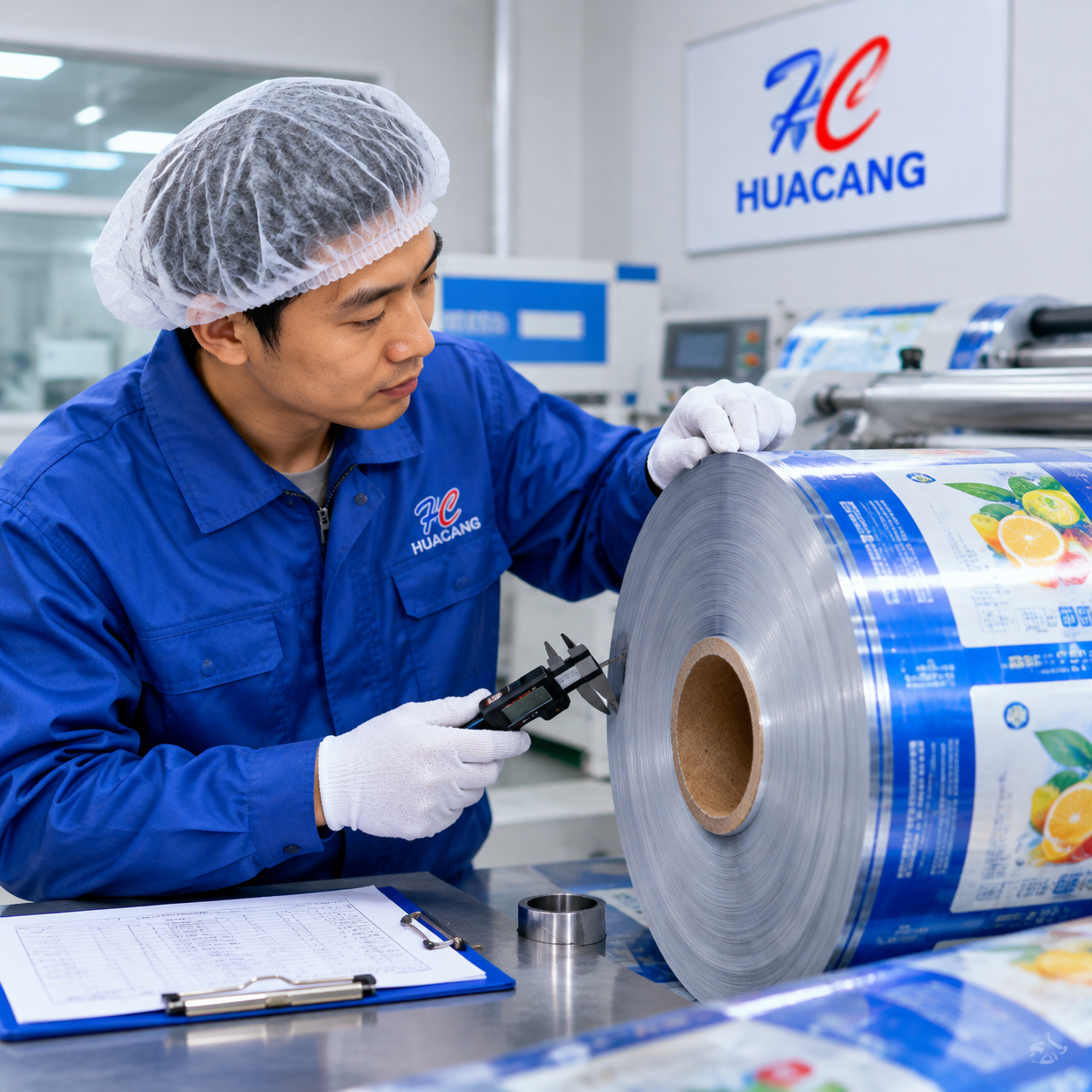 Quality inspector checking the edges and core of a printed film roll
