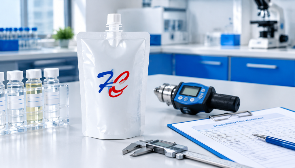 Spout pouch and laboratory tools prepared for chemical compatibility testing