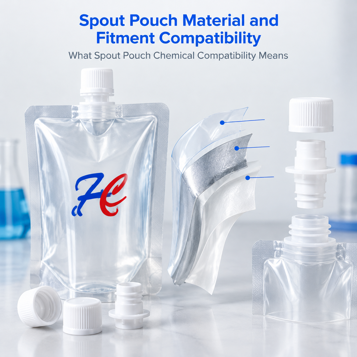 Spout pouch package components reviewed for chemical compatibility