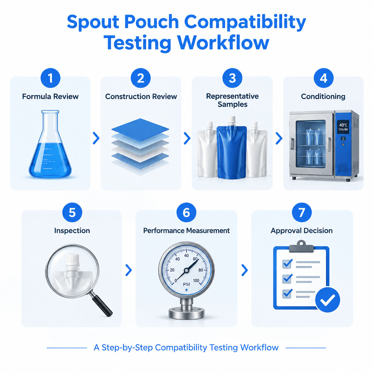 Infographic showing the spout pouch chemical compatibility testing workflow