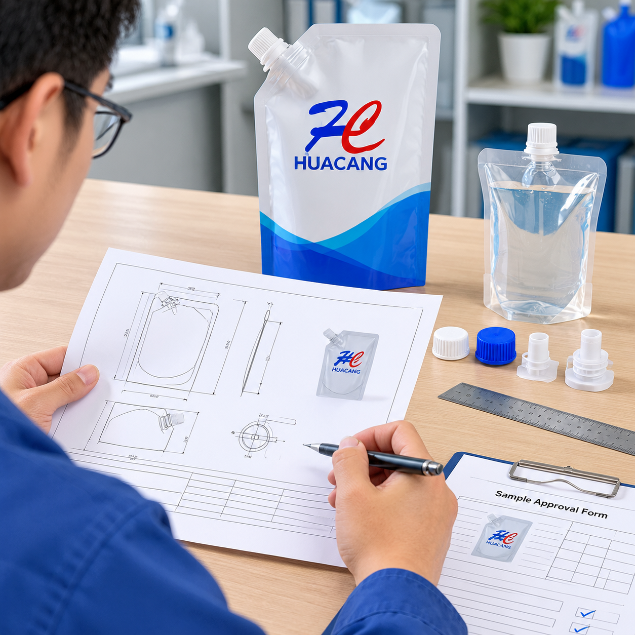 Packaging engineer reviewing a spout pouch validation specification