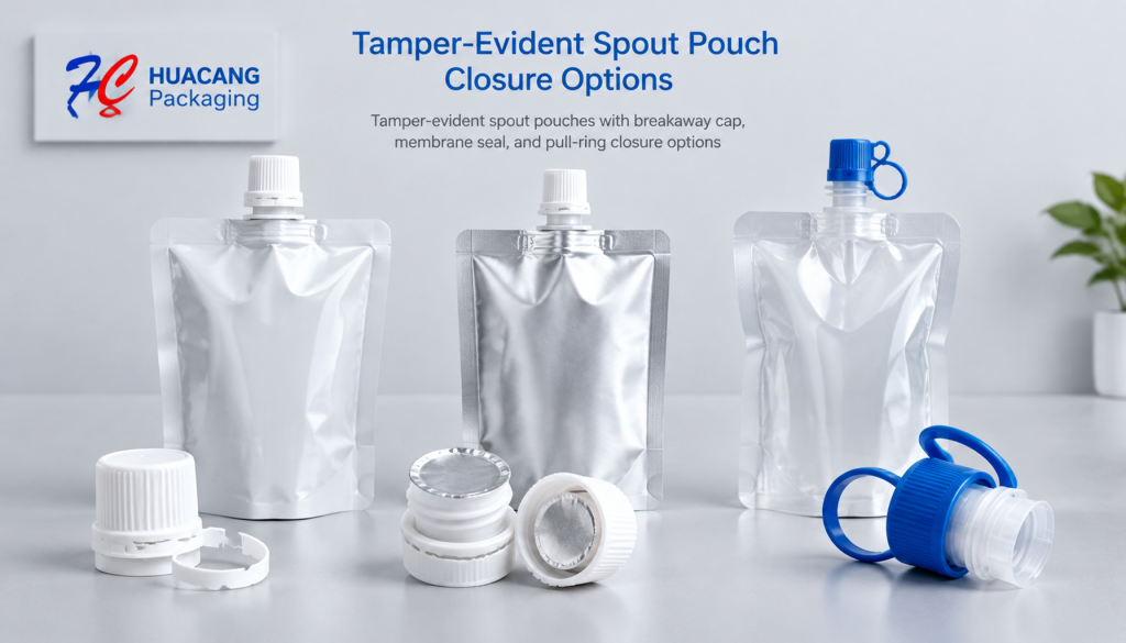 Tamper-evident spout pouches with breakaway cap, membrane seal, and pull-ring closure options